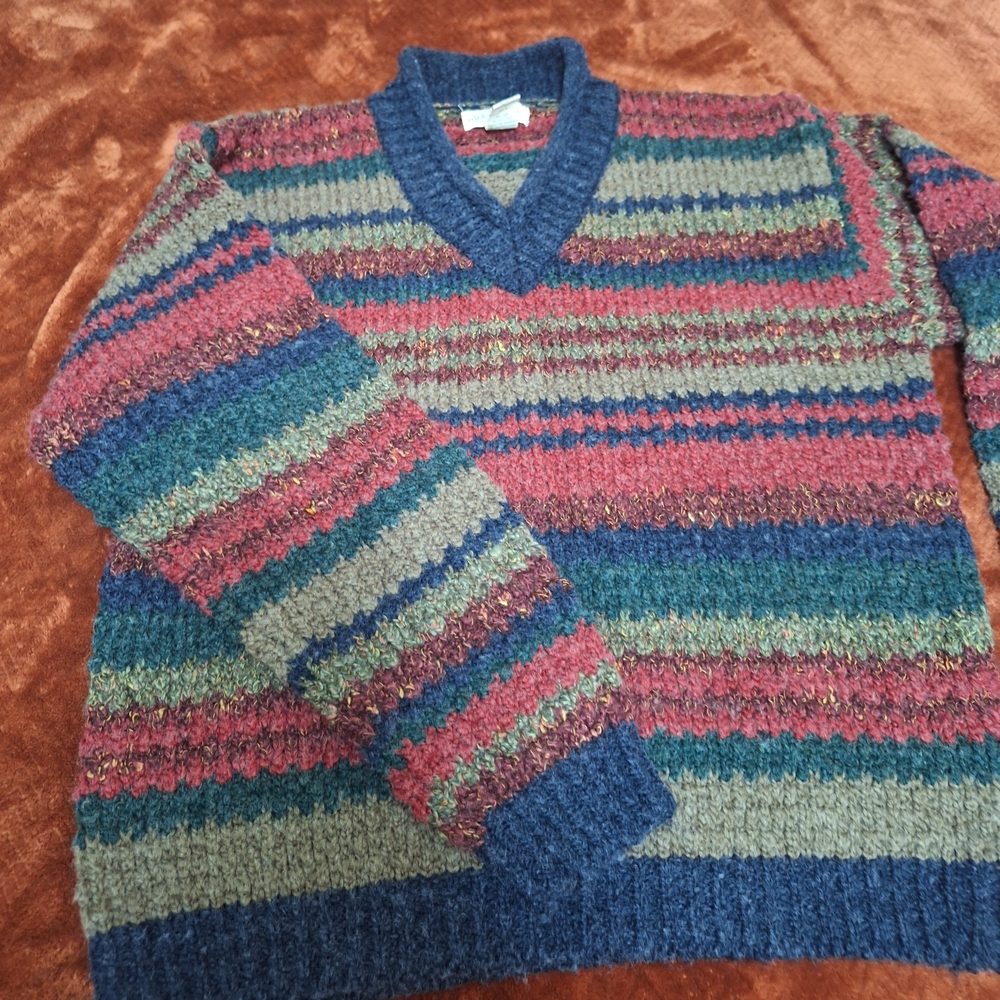 St. John's Bay VINTAGE 90S V-Neck Sweater - Blue, Red, Green Stripes